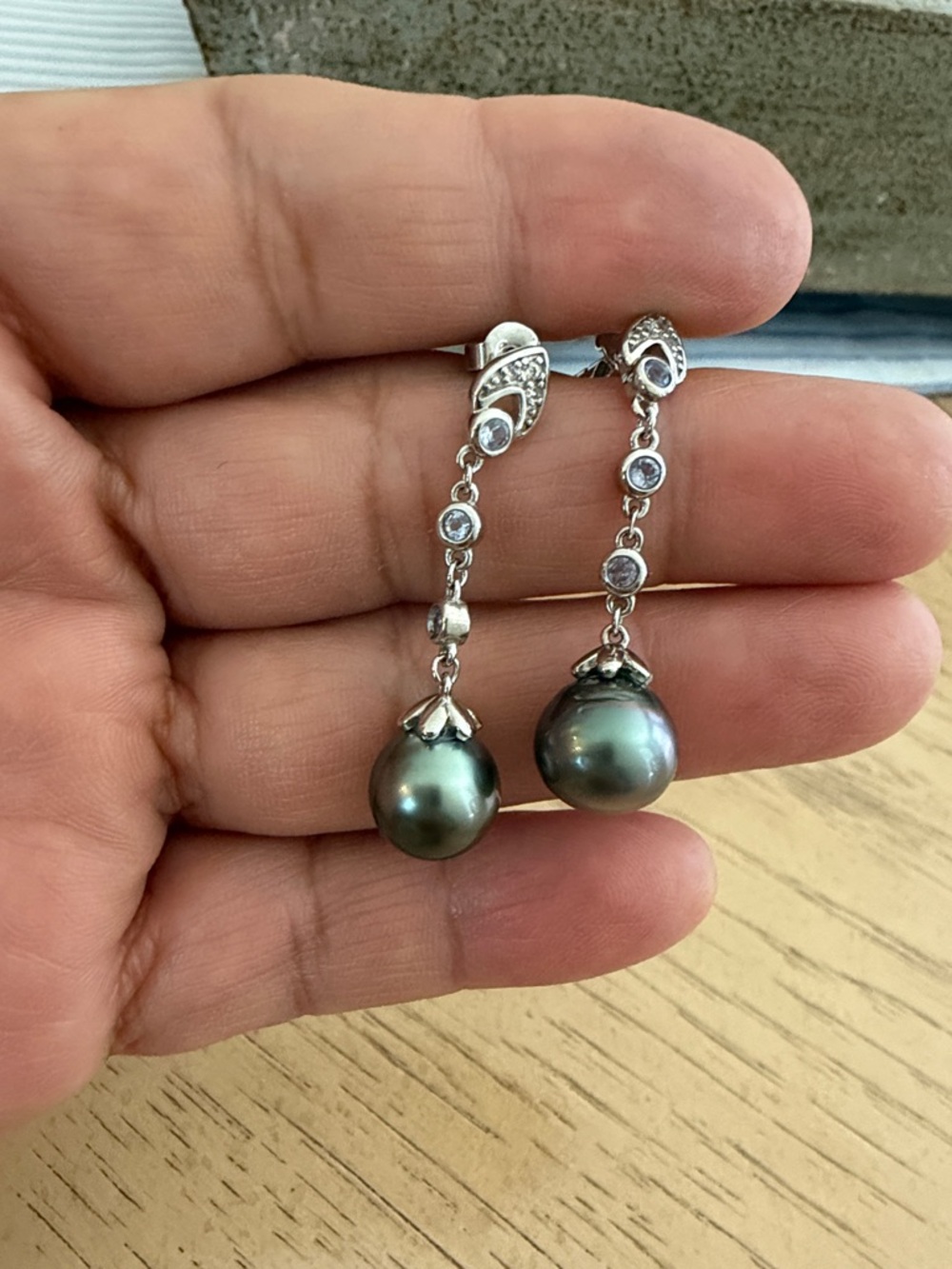 Sterling Silver Tahitian Pearl Drop Earrings - Dark Peacock